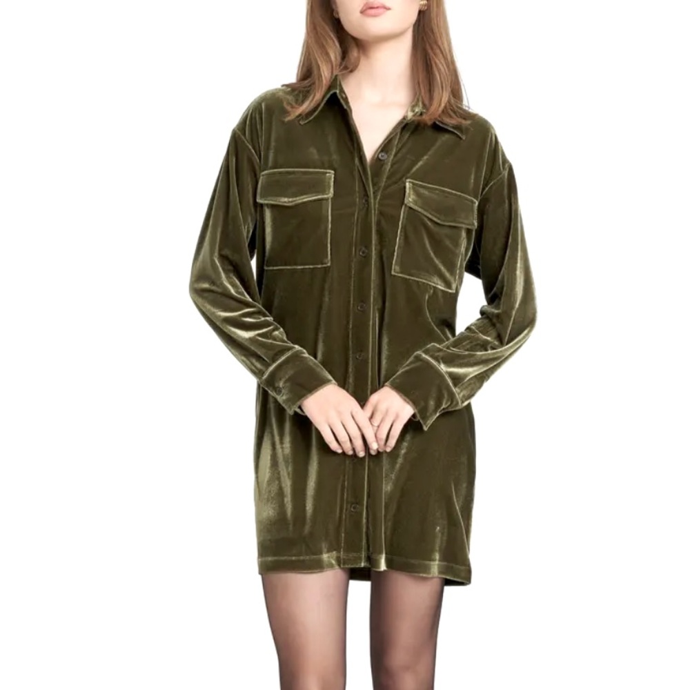 WAYF Long Sleeve Velvet Shirtdress, Olive Green, Oversized Button Up Top, Sz XS